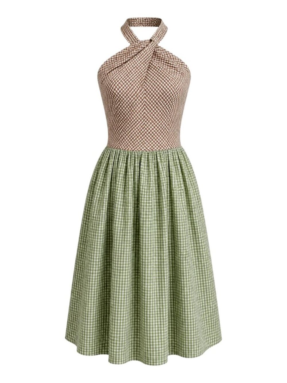 Gal Meets Glam Alma Gingham Halter Midi Dress Green Brown Cottagecore Pockets